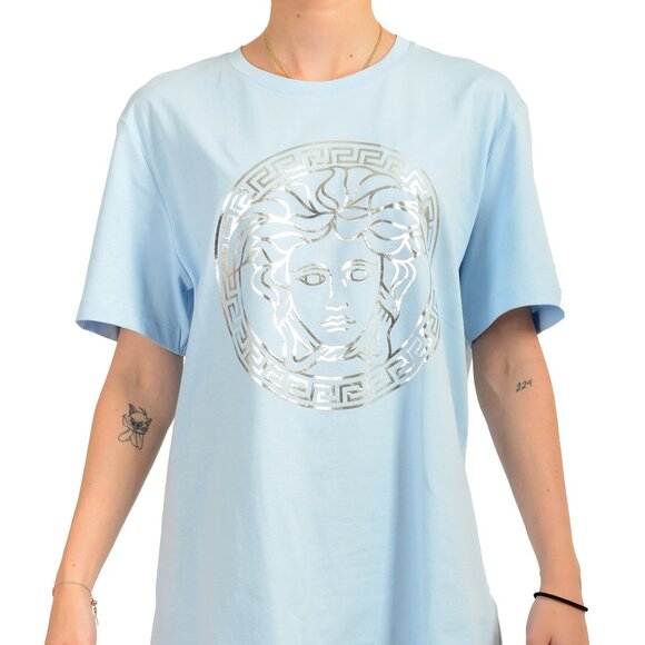 Versace Women's Silver/Blue Medusa Head Print Short Sleeve T-Shirt US L IT 44